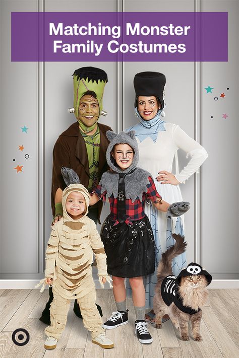 Matching family costumes, monster style. From Frankenstein and his bride to a punk rocker werewolf & mummy kid, there’s something for everyone. Even a skeleton costume for the cat, too! Why? Because, Halloween. Monster Costume Ideas, Grease Costumes For Kids, Teacher Halloween Costumes Group, Halloween Costumes For Big Boy, Mummy Halloween Costume, Stranger Things Halloween Costume, Family Themed Halloween Costumes, Sibling Halloween Costumes, Monster Costume