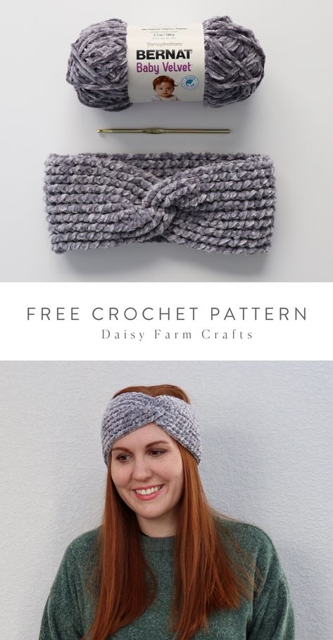 Free Pattern - Crochet Ribbed Velvet Twist Headband Twist Headband Crochet, Crochet Ear Warmer Pattern, Crochet Headband Free, Daisy Farm Crafts, Easy Crochet Headbands, Daisy Farm, Bandeau Au Crochet, Crochet Headband Pattern Free, Free Pattern Crochet