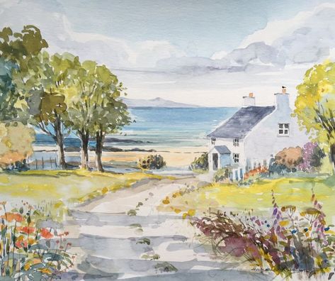 Beach Cottage Painting, Beach House Watercolor, Annabel Burton Watercolour, Cottage Landscape Painting, Beach House Illustration, Watercolour Inspiration Landscape, Beach Watercolor Paintings, Watercolour Cottage, Cottage Watercolor