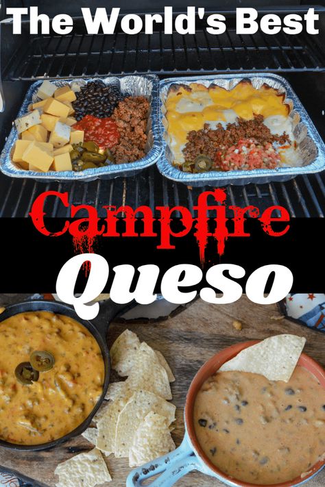 Campfire Queso, Cheesy Queso Dip, Camping Menu, Lake Food Ideas Summer, Easy Camping Meals, Food Ideas Summer, Lake Food Ideas, Queso Dip, Campfire Food