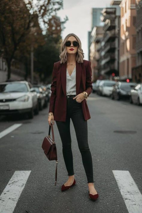 16 Burgundy Fall Outfit Ideas for Women » Lady Decluttered Burgundy Trend 2024, Maroon Blazer Women, Burgundy Blazer Outfit Woman, Burgundy Blazer Outfit, Fall Outfits With Jeans, Burgundy Sweater Outfit, Outfit Ideas With Jeans, Blazer Outfits Women, Fall Outfit Ideas For Women