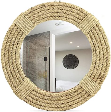 Jute Rope Mirror, Round Mirror With Rope, Sailor Decor, Wooden Mirrors, Nautical Rope Mirror, Nautical Mirror, Round Mirror Decor, Rope Mirror, Beachfront Decor