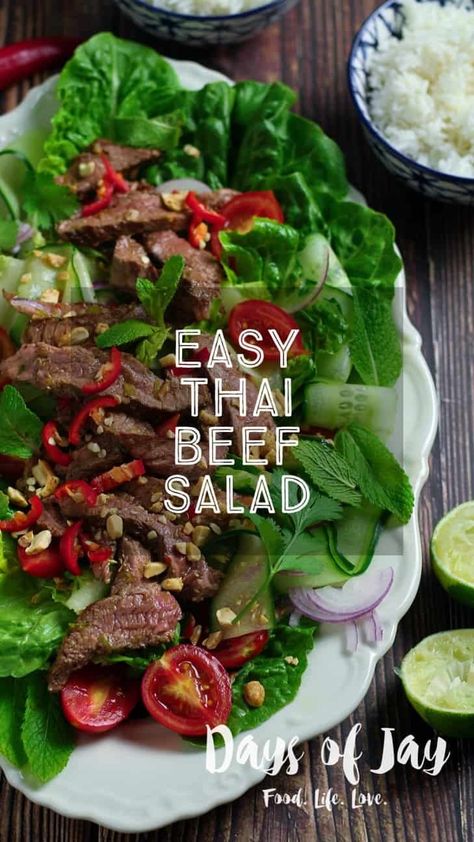 Easy Thai Beef Salad Thai Beef Salad Recipe, Spicy Dressing, Thai Beef Salad, Honey Lime Chicken, Thai Beef, Beef Salad, Eat Beef, Small Food Processor, Honey Lime