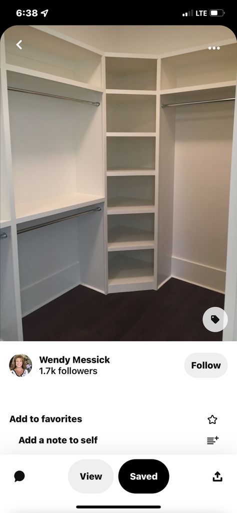 Small Master Closet Storage, Odd Shaped Walk In Closet, U Shaped Closet Design, 4x6 Closet Layout, Small L Shaped Closet, Closet Design Layout Walk In, L Shaped Closet Organization, Closet Corner Shelves, L Shaped Walk In Closet