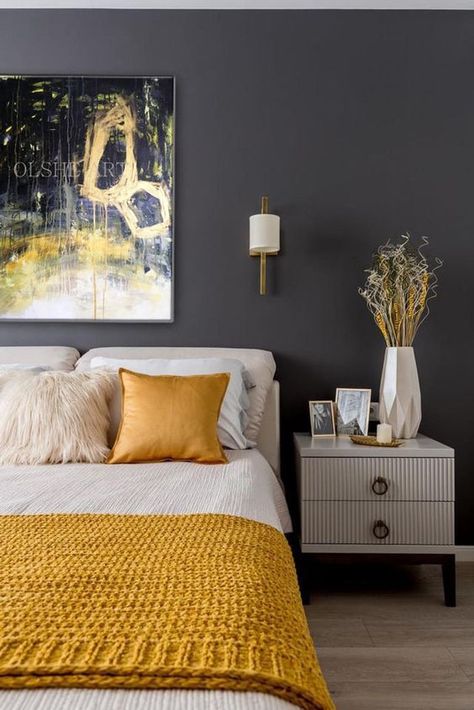 Grey And Gold Bedroom, Dark Gray Bedroom, Bold Bedroom, Yellow Bedroom Decor, Grey Bedroom Decor, Gold Bedroom, Yellow Bedroom, Bedroom Color Schemes, Elegant Bedroom