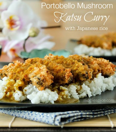 Portobello Mushroom Katsu Curry with Japanese Rice (Maple u2665 Spice) Mushroom Katsu, Vegan Japanese Food, Vegan Japanese, Vegetarian Day, Katsu Curry, Veggie Delight, Japanese Rice, Japanese Cooking, Portobello Mushroom