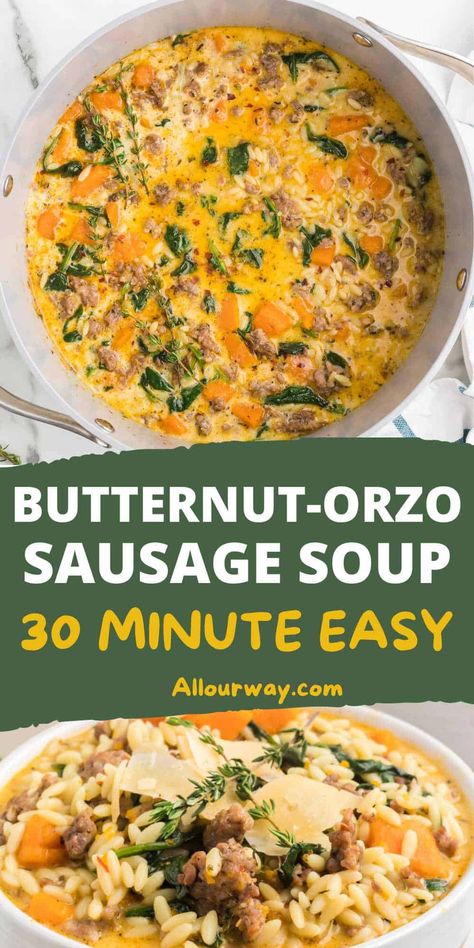 Butternut Orzo, Meaty Soups, Butternut Squash Sausage Soup, Orzo Sausage, Butternut Sausage, Sausage Orzo Soup, Sausage Orzo, Butternut Squash Sausage, Orzo Soup Recipes