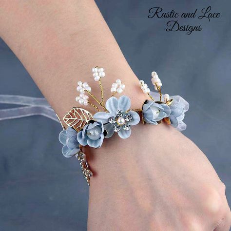 Dusty Blue Flowers, Bracelet Corsage, Wrist Corsage Bracelet, Corsage Bracelet, Homecoming Corsage, Wrist Flowers, Wedding Hands, Prom Accessories, Hand Flowers