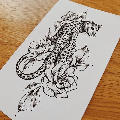 Tiger Strength Tattoo, Leopard Floral Tattoo, Leopard Stomach Tattoo, Cheetah And Flower Tattoo, Lepord Print Tattoo Design, Tiger And Leopard Tattoo, Leopard With Flowers Tattoo, Leopard Hip Tattoo, Lepord Tattoo Idea