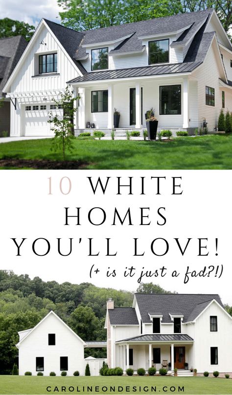 10 White Home Exterior Ideas you'll Swoon Over | Caroline on Design White Home Exterior, Home Exterior Ideas, White Homes, White Farmhouse Exterior, Black Metal Roof, White Exterior Houses, Best Exterior Paint, White Siding, Home Exteriors