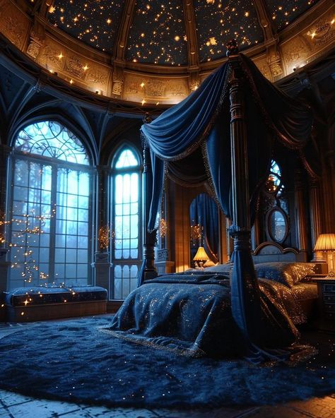 Celestial Canopy Bed, Tower Bedroom Aesthetic, Fantasy Castle Interior Bedrooms, Fantasy Hotel Room, Ravenclaw Dorm Aesthetic, Fantasy Palace Bedroom, Starry Ceiling Bedroom, Royal Bedroom Concept Art, Night Court Bedroom