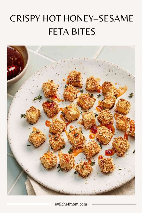 Crispy Hot Honey–Sesame Feta Bites Recipe Tamago Egg Recipe, Sesame Feta, Eggplant Caponata Recipe, Feta Bites, Caponata Recipe, Eggplant Caponata, Honey Sesame, Bruschetta Recipe, Food Substitutions