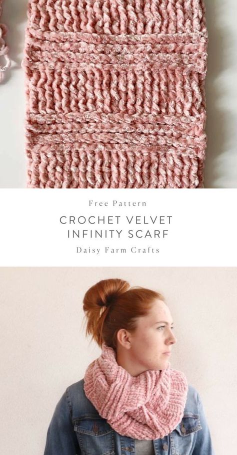 Free Pattern - Crochet Velvet Infinity Scarf Bernat Velvet, Infinity Pattern, Crochet Scarf Pattern Free, Velvet Yarn, Confection Au Crochet, Crochet Headband Pattern, Bonnet Crochet, Scarf Yarn, Crochet Infinity Scarf