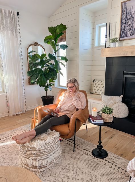 Engles Leather Chair curated on LTK Chair By The Fireplace, Boho Conversation Area, Leather Chair Reading Nook, New Mexico Living Room, Leather Chairs Sitting Room, Chair By Fireplace, Oversized Leather Chair, Chairs In Front Of Fireplace, Leather Reading Chair