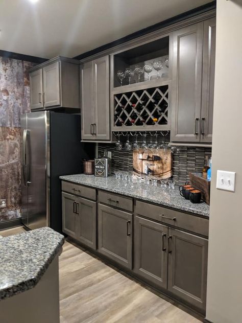 Basement Bar Full Fridge, Bar With Full Size Refrigerator, Wet Bar With Fridge, Full Fridge, Basement Wet Bar, U Shaped Bar, Refrigerator Ideas, Bar Room Decor, Kitchen Wet Bar