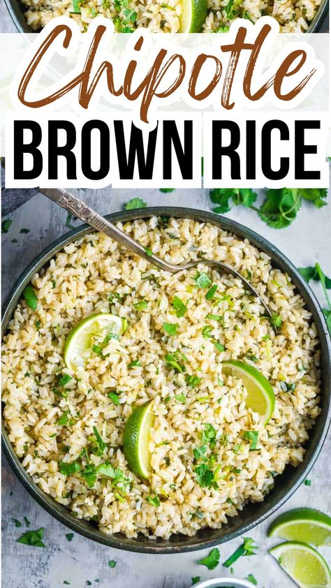 Chipotle brown rice in black bowl with spoon. Title: Chipotle Brown Rice Chipotle Brown Rice Recipe Copycat, Chipotle Copycat Recipes Brown Rice, Chipotle Brown Rice Copycat, Chipotle Brown Rice Recipe, Cilantro Lime Rice Brown, Best Brown Rice Recipe, Brown Cilantro Lime Rice, Copycat Chipotle Rice, Chipotle Rice Recipe