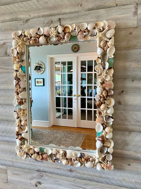 Seashell Bed, Starfish Mirror, Seashell Frame, White Washed Wood, Seashell Mirror, Mermaid Wall Art, Shell Mirror, Beach Room, Wood Framed Mirror