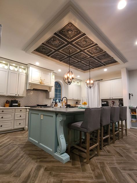 Unique Ceiling Ideas, Vinyl Ceiling, Faux Tin Tiles, Pvc Ceiling Tiles, Faux Tin Ceiling, Faux Tin Ceiling Tiles, Decorative Ceiling Tile, Faux Tin, Kitchen Addition