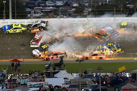 The Daytona 500 'Big One' crash that halted a NASCAR fairytale - NASCAR - Autosport Nascar Wrecks, Nascar Crash, Red White And Boom, Nascar Champions, In Plane, Martin Truex Jr, Kyle Busch, Dale Jr, Old Race Cars