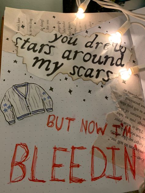 Cardigan Taylor Swift Journal, Taylor Swift Lyrics Journal Ideas, Taylor Swift Theme Drawing, Lyric Drawings Taylor Swift, Lyrics Journal Ideas, Taylor Swift Journal Pages, Sketchbook Lyrics, Song Lyrics Journal, Taylor Swift Scrapbook