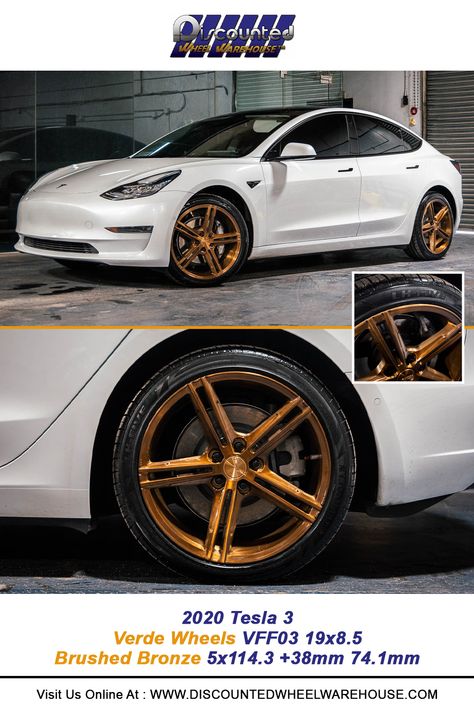 Check Out this 2020 Tesla 3 sitting on Verde Wheels VFF03 19x8.5 Brushed Bronze 5x114.3 +38mm 74.1mm.Visit Discounted Wheel Warehouse online or in-store today for the best prices on Verde wheels. NO CREDIT CHECK financing options. Free shipping. Free mount & balance on all wheel & tire packages. #discountedwheelwarehouse #customwheels #customrims #wheelshop #rimshop #tireshop #freeshipping #aftermarketwheels #tesla #teslaseries3 #verdewheels #wheelwednesday #whitetesla #donks #fitmentonpoint Custom Rims, Tesla 3, Wheel And Tire Packages, Car Suv, Aftermarket Wheels, Custom Wheels, Brushed Bronze, Tyre Shop, No Credit