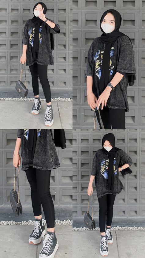 Oversized Tshirt Outfit Women Hijab, Ootd Tshirt Hijab, Ootd Oversized Hijab, Legging Tshirt Outfit, Oversized Tee Outfit, Women Leggings Outfits, Oversize Tshirt Outfits, Hak Tinggi, Ootd Hijab Casual