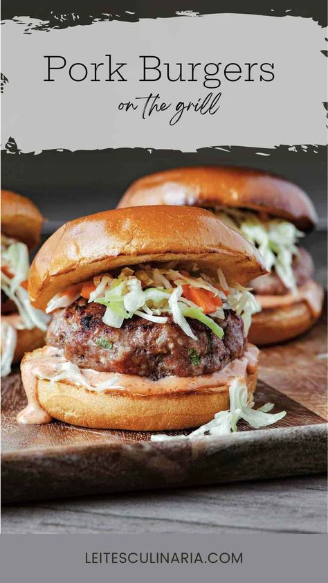 These juicy grilled pork burgers are topped with crunchy slaw and creamy yum yum sauce. The ground pork burgers are easy to make and perfect for your next backyard BBQ. Ground Pork Burgers, Homemade Yum Yum Sauce, Pork Burgers Recipes, Burger Patty Recipe, Big Green Egg Recipes, Easy Burgers, Ground Pork Recipes, Yum Sauce, Asian Pork