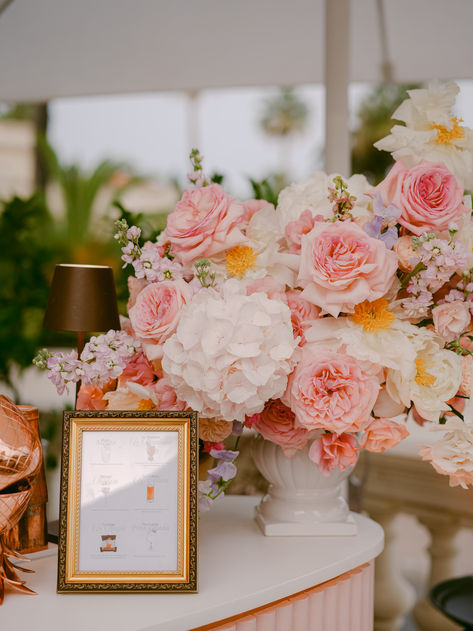 Pink flower arrangement on the bar.White marble vase was used as a part of the decoration to create the soft style and vibe of the event.
Pink roses, pink peonies, white hortensia, urple delphinium, small garden rose and poppies where a part of this arrangement. Bar Flower Arrangement, White Hortensia, Bar Arrangement, Pink Flower Arrangement, Aesthetic Shots, Peonies White, Pink Flower Arrangements, Marble Vase, Pastel Roses