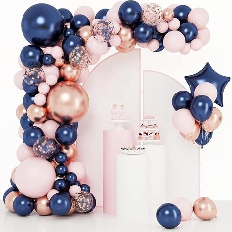 Navy Blue And Pink Party Decorations, Rose Gold And Blue Party Decorations, Navy Blue And Pink Birthday Party Ideas, Pink And Blue Party Theme, Blue And Pink Baby Shower Ideas, Blue And Pink Balloons, Pink And Blue Baby Shower, Pink Balloon Arch, Pink Graduation Party