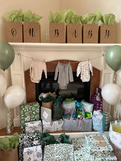 Indoor Baby Shower Decor, In Home Baby Shower Setup, Baby Shower Sitting Area For Mom, Simple Baby Shower Backdrop Ideas, At Home Baby Shower Ideas Decoration, Fireplace Baby Shower Decor, Simple Baby Shower Table Decor, House Baby Shower Set Up, Baby Shower Room Set Up