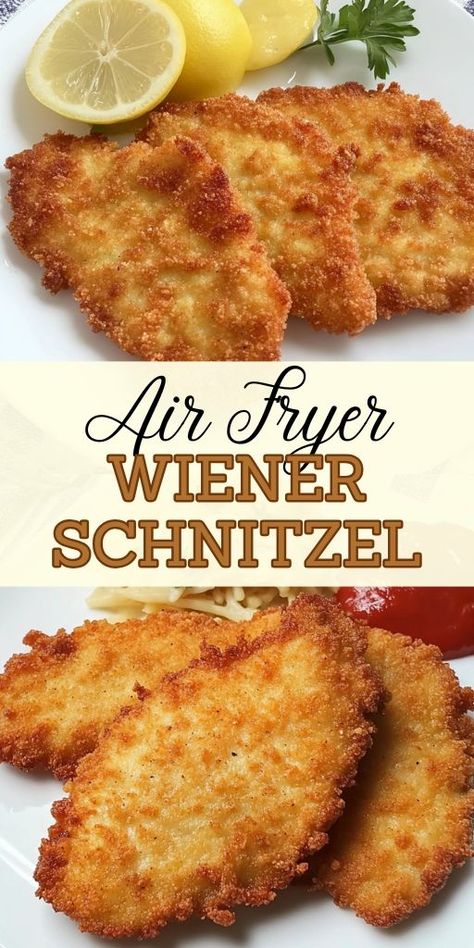 Enjoy crispy perfection with our Crispy Air Fryer Wiener Schnitzel Recipe! This classic dish is transformed into a healthier version without sacrificing flavor. Perfectly seasoned and breaded, this schnitzel cooks to golden perfection in the air fryer. Try this easy recipe today and impress your guests! #WienerSchnitzel #AirFryerRecipes #HealthyEating #DinnerInspiration #QuickMeals Schnitzel Recipe Air Fryer, Air Fryer Pork Schnitzel, Emeril Lagasse French Door Air Fryer 360 Recipes, Schnitzel Air Fryer, Air Fryer Schnitzel, Ninja Air Fryer Recipes Easy, Schnitzel Recipe, Schnitzel Recipes, Airfryer Recipes