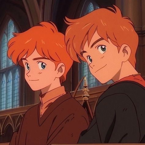 Harry Potter Ghibli Style, Harry Potter Ghibli, George Weasley Fan Art, Anime Twins, Potter Fanart, Harry Potter Illustrations, Fred And George Weasley, Hogwarts Aesthetic, Harry Potter Drawings