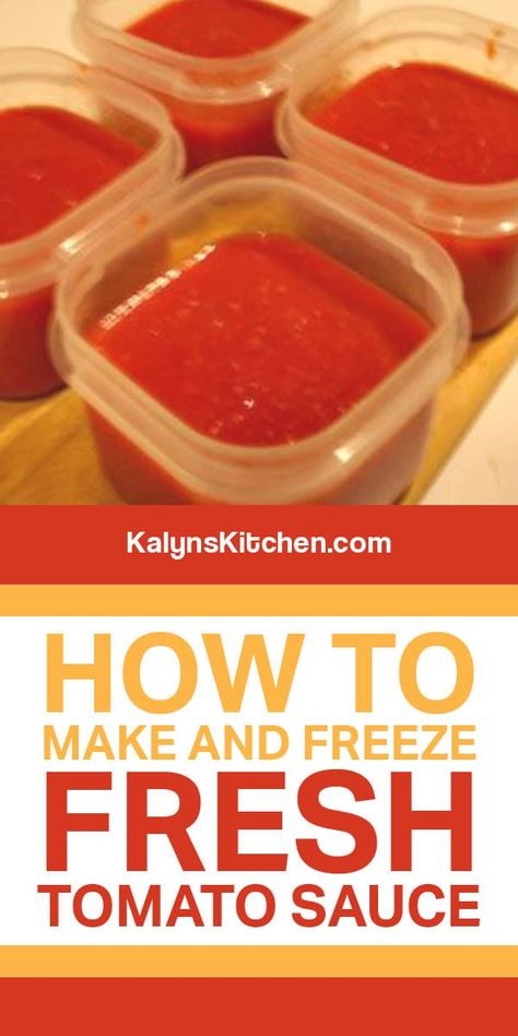 This recipe for How to Make and Freeze Fresh Tomato Sauce is one I used for years when I had a big garden that produced lots of tomatoes! [found on KalynsKitchen.com] #KalynsKitchen #FreshTomatoSauce #TomatoSaucefortheFreezer #FreezingTomatoSauce How To Make Diced Tomatoes To Freeze, How To Make And Freeze Tomato Sauce, Can You Freeze Tomato Sauce, How To Freeze Tomato Sauce, Freezing Fresh Tomato Juice, Spaghetti Sauce From Fresh Tomatoes To Freeze, Tomato Recipes For Freezing, Freezing Tomato Sauce, Freezer Tomato Sauce