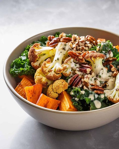 Roasted Sweet Potato Kale Salad - The Daily Dish Sweet Potato And Kale Salad, Sweet Potato Kale Salad, Potato Kale Salad, Lentil Meatloaf, Cauliflower Sweet Potato, Sweet Potato And Kale, Maple Dressing, Butternut Squash Recipes Roasted, Best Roast Potatoes