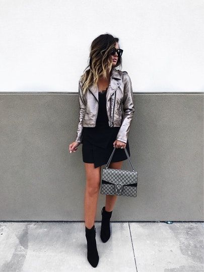 Silver Jacket Outfit, Biker Jacket Outfit, Slip Dress Black, Silver Jacket, Metallic Jacket, Dress Bag, Wearing All Black, Black Slip Dress, Leather Jacket Outfits