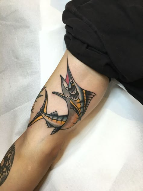 Palm Sized Traditional Tattoo, Swordfish Tattoo Traditional, Traditional Marlin Tattoo, Trad Fish Tattoo, Marlin Fish Tattoo, Traditional Tattoo Fish, Sailfish Tattoo, Fish Traditional Tattoo, Mahi Tattoo