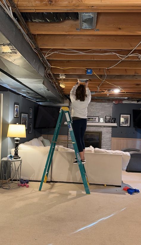 Drop Ceiling Tiles to Exposed Basement Ceiling ⋆ Growing Up Kemper Low Ceiling Basement Ductwork, Hide Drop Ceiling Tiles, Industrial Basement Ceiling, Cheap Drop Ceiling Ideas, Remove Drop Ceiling Basement, Finished Basement With Exposed Ceiling, Paint Unfinished Basement, Basement Exposed Ceiling, Exposed Ceiling Basement