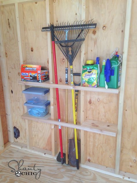 Shed Organization Idea! - Shanty 2 Chic Shed Storage Shelves, Garage Organization Cheap, Shed Organization Ideas, Shed Shelving, Garden Diy On A Budget, Garden Shed Diy, Garage Organisation, Storage Shed Organization, Cheap Organization