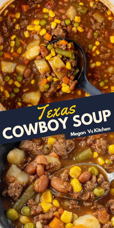 Hamburger Vegetable Soup is an easy hearty soup full of ground beef, veggies, potatoes, and beans. With it only taking 35 minutes to make - this is the best weeknight dinner. Texas Cowboy Soup, Easy Hearty Soup, Cowboy Soup, Hamburger Vegetable Soup, Hearty Stew, Pantry Recipes, Ground Beef And Potatoes, Beef Soup Recipes, Soup With Ground Beef