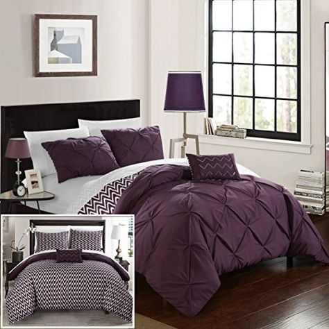 Chic Home Jacky 4 Piece Reversible Comforter Bag Pinch Pleat Ruffled Design Geometric Chevron Pattern Bedding Set-Decorative Pillow Shams Included, Full/Queen, Purple Best Quilted Comforter, Set USA Purple Comforter Set, Purple Bed, Purple Comforter, Chic Home Design, Purple Bedrooms, Purple Bedding, Purple Bedroom, Reversible Comforter, King Comforter Sets