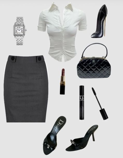 Pastel Corporate Outfit, Y2k Secretary Core, Gray Skirt Outfit Work, Pencil Skirt Outfits Aesthetic, Office Siren Skirt, Office Siren Outfits Aesthetic, Ceo Woman Outfit, 2000s Office Fashion, Siren Office Outfit