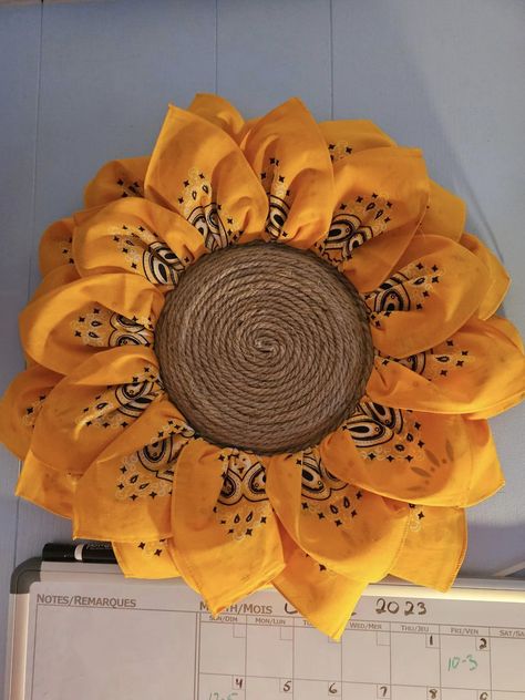 Kristy's Craft Room - Craft Sharing Group | Tried my hand at a sun flower wreath Bandana Sunflower Wreath, Bandana Sunflower, Sunflower Wreath Diy, Fall Decor Wreaths, Bandana Colors, Making Flowers, Sunflower Wreath, Wreath Diy, Fall Decorations Porch