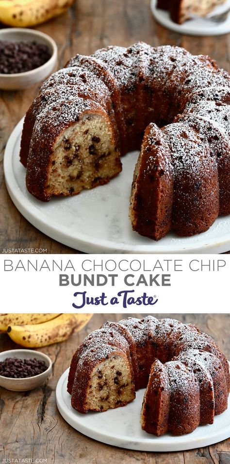 Two images of a banana bundt cake studded with mini chocolate chips with a slice missing on a marble cake platter. Chocolate Chip Bundt Cake Recipe, Chocolate Chip Bundt, Chocolate Chip Bundt Cake, Banana Bundt Cake, Banana Bundt, Banana Bread Cake, Classic Banana Bread, Banana Bread Recipe Moist, Just A Taste