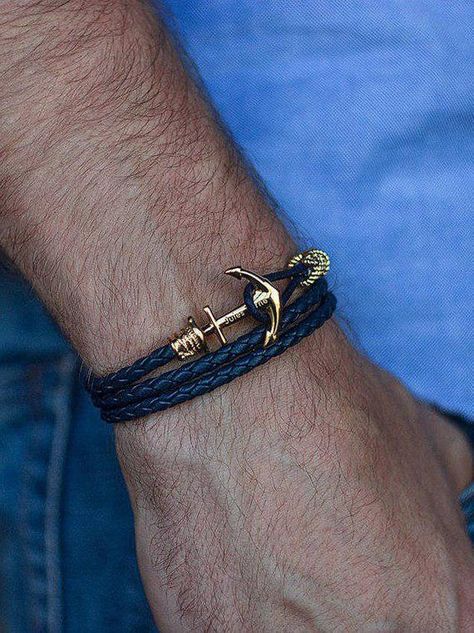 Anchor Bracelet Men, Leather Anchor Bracelet, Sailor Bracelet, Funky Bracelet, Bracelet Man, Beaded Jewels, Anchor Bracelet, Bracelet Mens, Mens Gold Bracelets