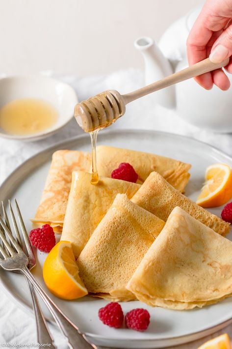 Raspberry Crepes, Blender Crepes, Honey Pancakes, Crepe Ingredients, Honey Breakfast, Homemade Crepes, Banana Crepes, Crepes Recipe, Crepe Batter