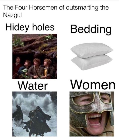 Nazguls must have been quite stupid... Lotr Nazgul, Hobbits Hiding From Nazgul, Lotr Bloopers, Lotr Scenes Movies, Lord Of The Rings Bloopers, Four Horsemen, Tolkien, The Hobbit