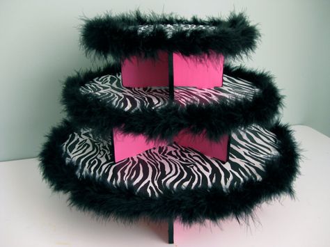 Diva Zebra and Hot Pink Cupcake Stand Trimmed in by NuLuDesigns, $37.95 2000s Birthday Party Theme, Hot Pink Cupcakes, Zebra Birthday Party, Cardboard Stand, Zebra Decor, Zebra Birthday, Zebra Party, 20th Birthday Party, Rock Star Party