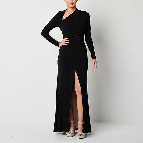 Evening Gown Black, Womens Evening Gowns, Party Dresses With Sleeves, Banquet Ideas, Long Sleeve Evening Gowns, Gown Black, Asymmetrical Neckline, Statement Drop Earrings, Stiletto Sandals