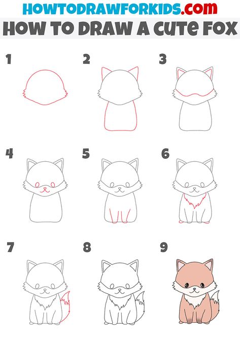 how to draw a cute fox step by step Cute Animals Drawings Step By Step, Fox Step By Step Drawing, Fox Drawing Easy Step By Step, How To Draw Chibi Animals, How To Draw A Animal, How To Draw A Fox Step By Step, How To Draw A Fox Easy, Fox Doodle Simple, Fox Drawing Step By Step