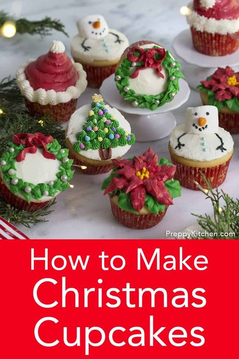 These festive Christmas cupcakes decorated five different ways from Preppy Kitchen are too cute not to make for your next holiday gathering! Moist and fluffy vanilla cupcakes topped with vanilla buttercream, this recipe will become a year-round favorite!! #christmascupcakes #holidaycupcakes #holidaytreats Jul Kaka, Cupcakes Christmas, Christmas Cupcakes Recipes, Christmas Cupcakes Decoration, Decorating Cupcakes, Christmas Cupcake, Amazon Christmas, Holiday Cupcakes, Cupcake Decorations